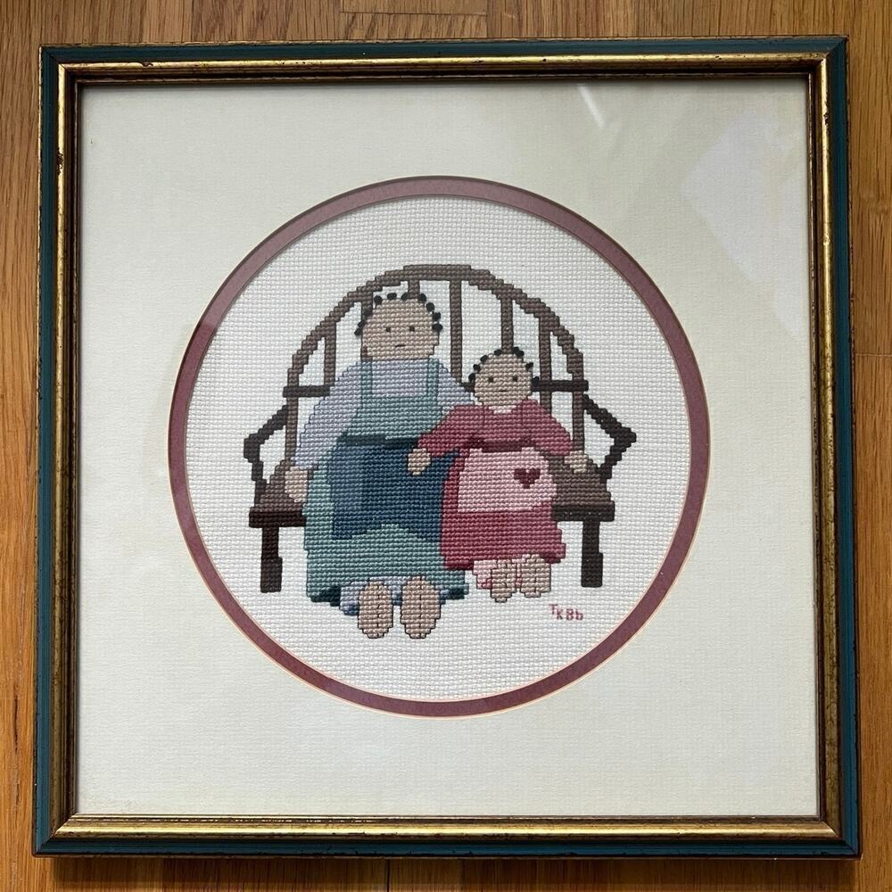 Needlepoint Mother & Daughter Dolls Americana 11”x11” Professionally Framed